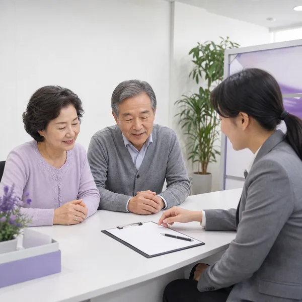 행정복지센터 상담 창구에서 기초연금 신청 서류를 안내받는 한국인 노부부