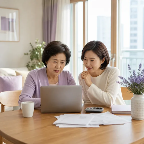 만 65세 기초연금 수급자격과 소득인정액을 노트북으로 확인하는 한국인 어머니와 딸