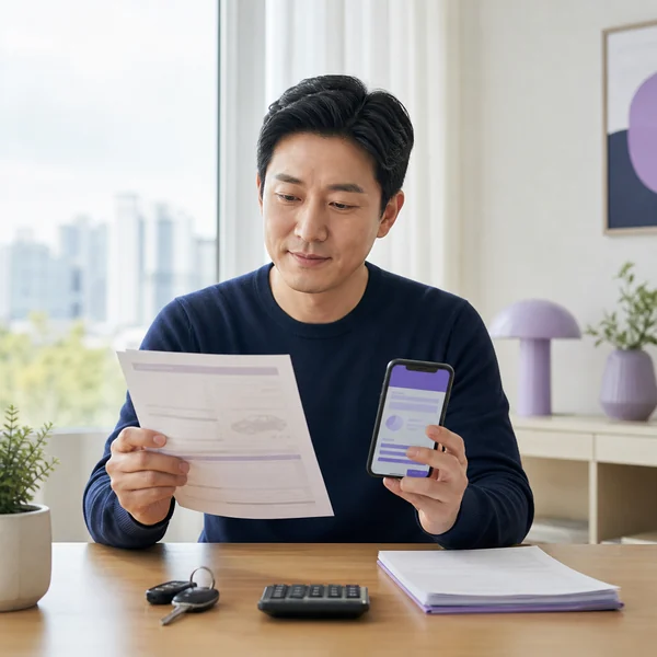 한국인 남성이 차량등록 서류와 스마트폰으로 자동차 채권 환급금을 확인하는 모습