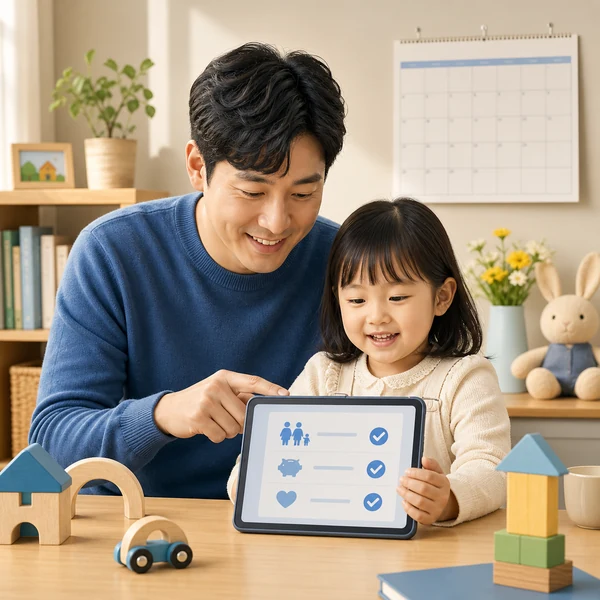 아동수당 신청 항목을 함께 확인하는 부모와 아이