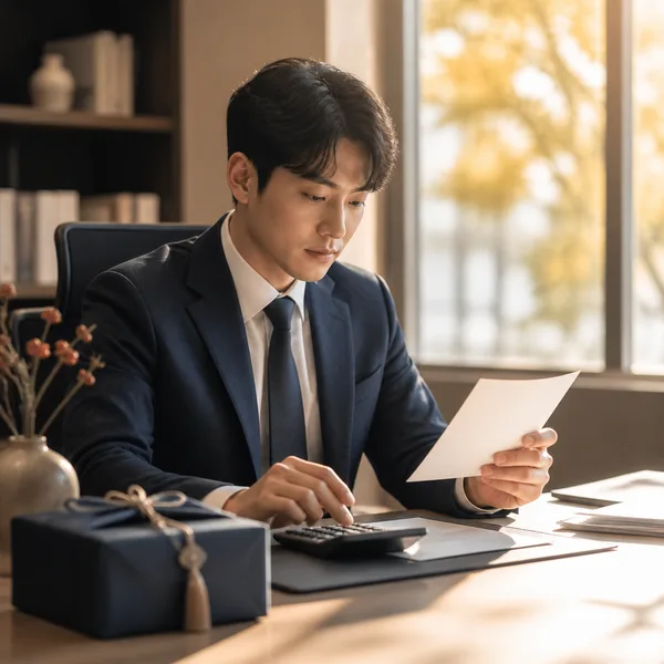 추석을 앞두고 급여명세서와 계산기를 확인하는 한국인 직장인