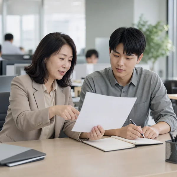 상여금 급여명세서를 놓고 원천징수 항목을 설명하는 한국인 급여 담당자와 직원