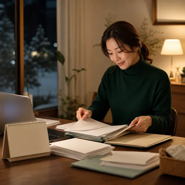 연말정산 서류와 연간 급여내역을 확인하는 한국인 직장인