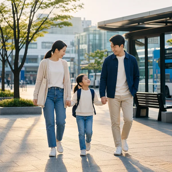 시민안전보험의 보호를 상징하는 한국 도심 속 가족의 일상