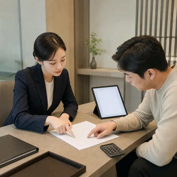 은행 상담창구에서 예금 상품설명서를 함께 확인하는 한국인 고객과 상담자