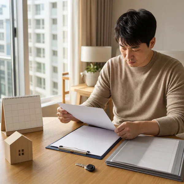임대차계약서와 열쇠, 달력을 놓고 보증금 보호 요건을 점검하는 한국인 임차인