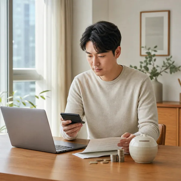 노트북과 계산기로 정기예금 금리를 비교하는 한국인 금융소비자