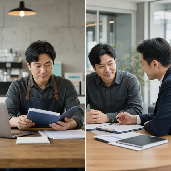직접 서류를 검토하는 소상공인과 금융상담을 받는 소상공인을 나눈 비교 장면
