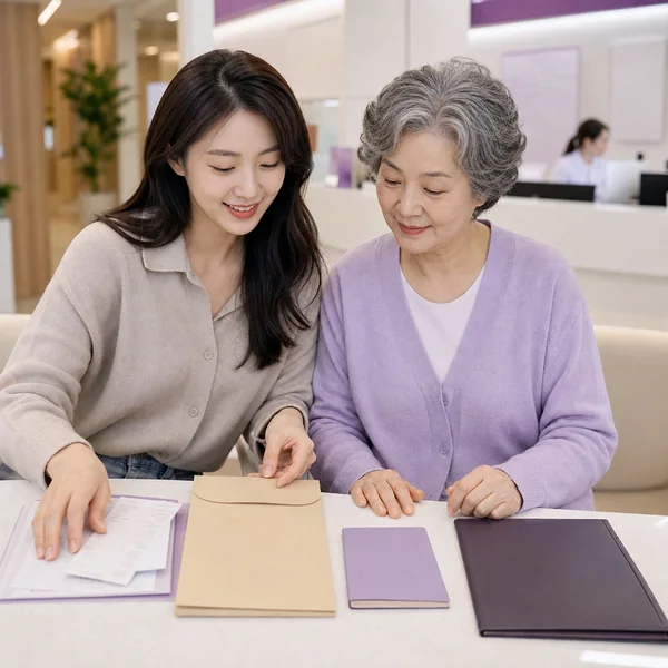 한국인 딸과 어머니가 병원 행정 창구에서 영수증과 진단서, 통장 서류를 종류별로 정리하는 모습