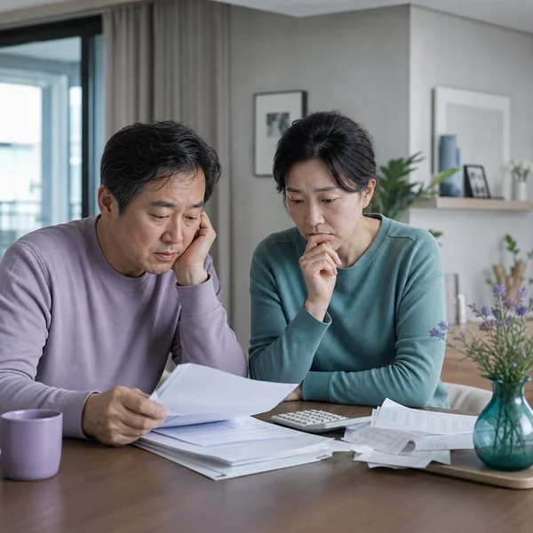 한국인 부부가 집에서 병원비 영수증과 계산기를 두고 재난적의료비 지원 가능성을 확인하는 모습