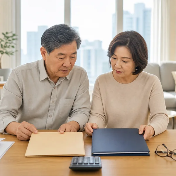 기존 실손보험 유지와 5세대 전환을 비교하는 한국인 중년 부부