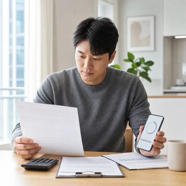 대출 약정서와 계산기로 중도상환수수료를 확인하는 한국인 차주