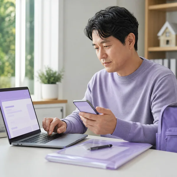 한국인 보호자가 노트북과 휴대전화로 교육급여 바우처를 신청하는 모습