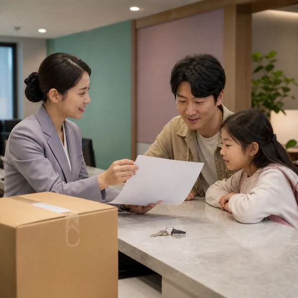 한국인 보호자와 아이가 아파트 관리사무소 직원에게 전기요금 할인 적용을 문의하는 모습