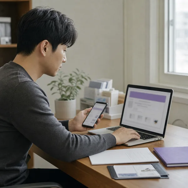 한국인 남성이 노트북과 휴대전화로 전기요금 복지할인을 신청하는 모습