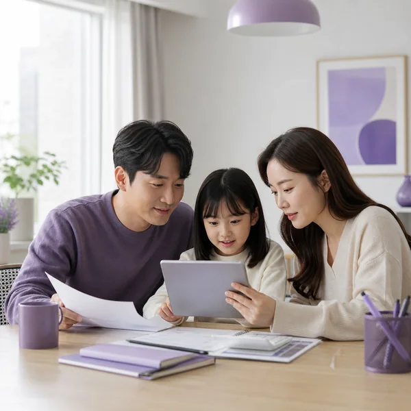 한국인 가족이 태블릿과 전기요금 고지서를 보며 복지할인 신청을 확인하는 모습