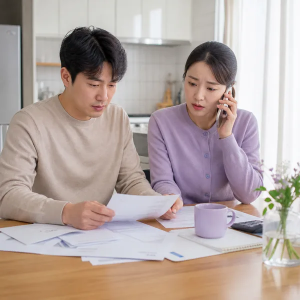 갑작스러운 소득 감소로 생활비 서류를 확인하며 긴급복지 상담 전화를 하는 한국인 부부