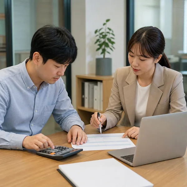 급여명세서의 4대보험 공제액을 계산기로 대조하는 한국인 근로자와 인사 담당자