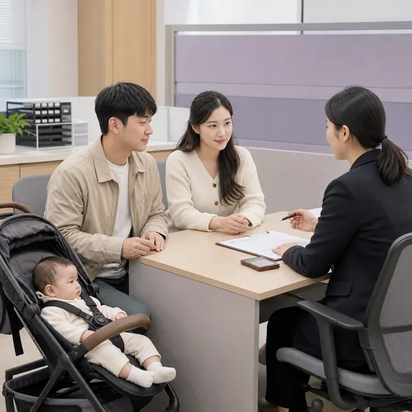 아기와 함께 행정복지센터에서 첫만남이용권 신청 서류를 안내받는 한국인 부모