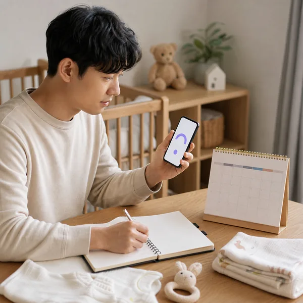 육아 수첩과 달력 옆에서 첫만남이용권 잔액과 사용기한을 스마트폰으로 확인하는 한국인 아버지