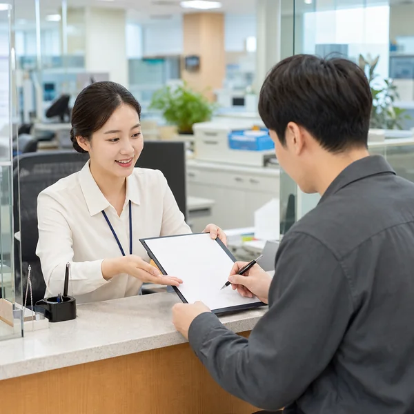 주민센터 창구에서 임대차계약서를 제출하고 확정일자를 신청하는 한국인 임차인
