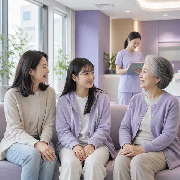 한국인 보호자와 14세 자녀, 70대 어르신이 독감 예방접종 전 병원에서 기다리는 모습