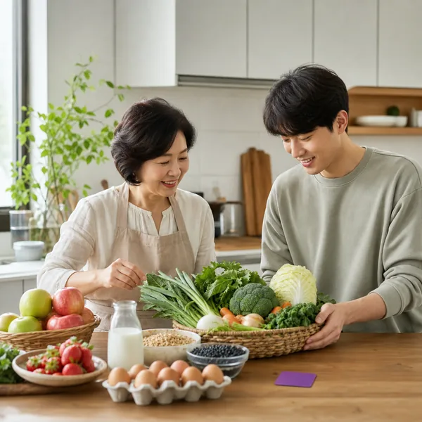 한국인 어머니와 청년 아들이 농식품바우처로 구매할 신선한 국산 식재료를 정리하는 모습