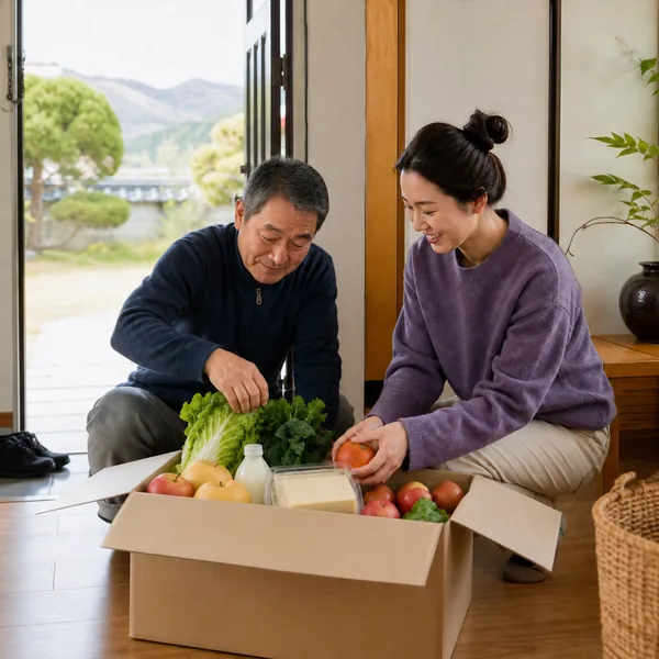 농촌 주택에서 한국인 부녀가 국산 채소와 사과, 배, 우유, 두부가 든 꾸러미를 확인하는 모습