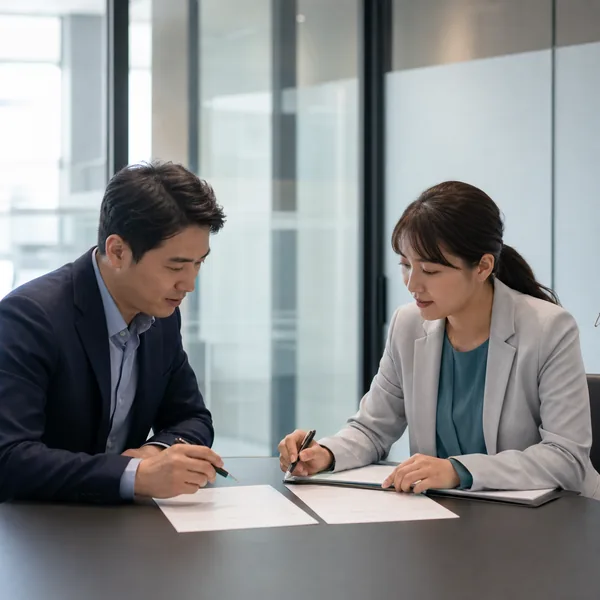 단체실손과 개인실손 보장표를 비교하며 중지 신청을 준비하는 직장인과 담당자