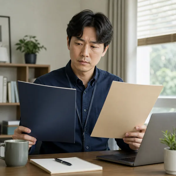 개인실손과 직장 단체실손 보험 서류를 비교하는 한국인 직장인