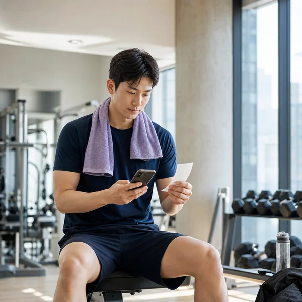 현대적인 헬스장에서 운동 후 휴대전화와 결제 영수증을 확인하는 한국인 남성