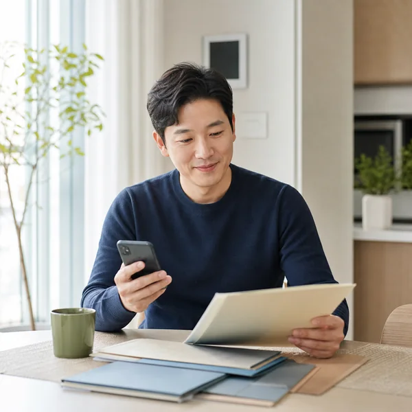 오래된 보험 서류와 스마트폰을 함께 확인하며 숨은보험금을 조회하는 한국인 직장인