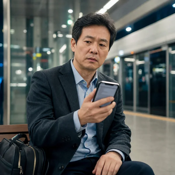 보험금 조회 뒤 도착한 낯선 연락을 경계하며 스마트폰을 확인하는 한국인 중년 남성