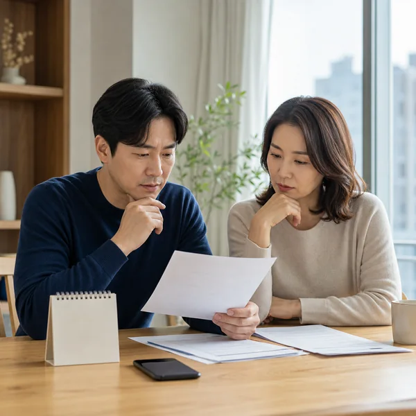 보험금 청구기간을 확인하며 보험 서류와 달력을 함께 검토하는 한국인 부부