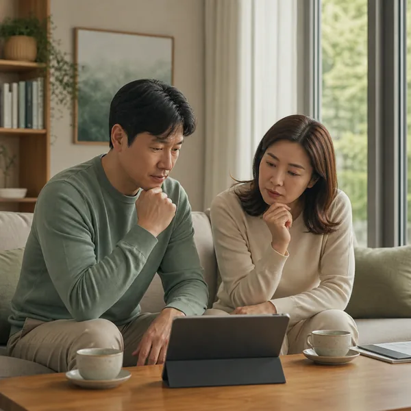 거실에서 태블릿과 보험 서류를 보며 5세대 실손보험 전환을 의논하는 부부