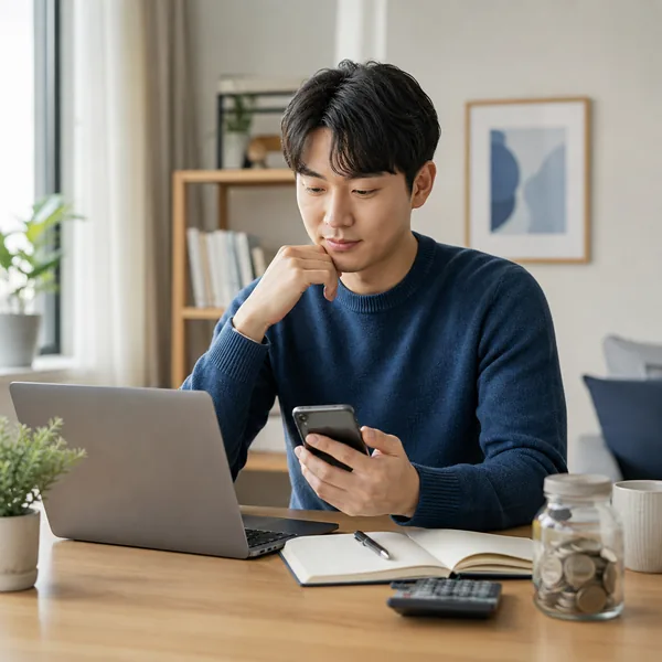노트북과 휴대전화로 ISA 계좌 개설 조건을 비교하는 한국인 직장인