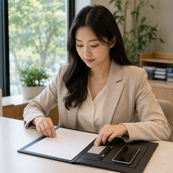 ISA 서민형 가입에 필요한 소득확인증명서와 신분증을 준비하는 한국인 여성