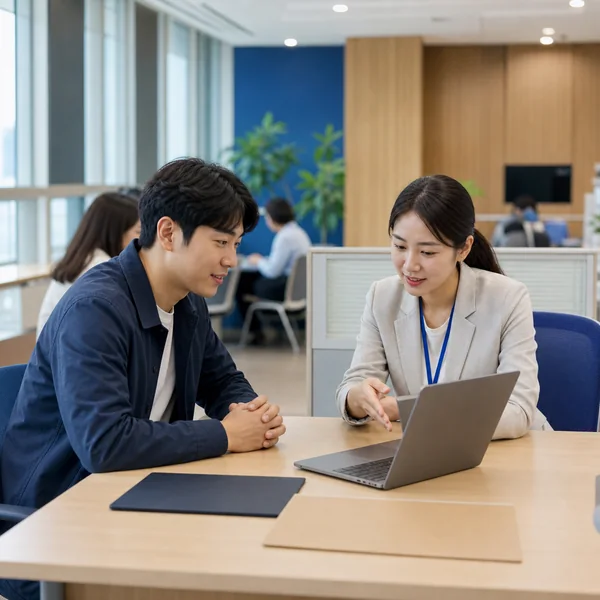 주민센터 상담창구에서 전세보증료 지원 신청을 확인하는 한국인 임차인