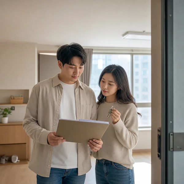 전셋집에서 임대차계약서와 열쇠를 확인하는 한국인 부부