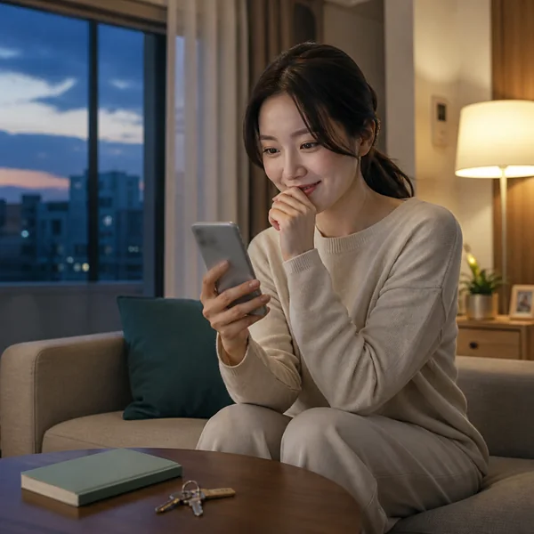 전셋집 거실에서 휴대전화로 보증료 지원 결과를 확인하는 한국인 여성