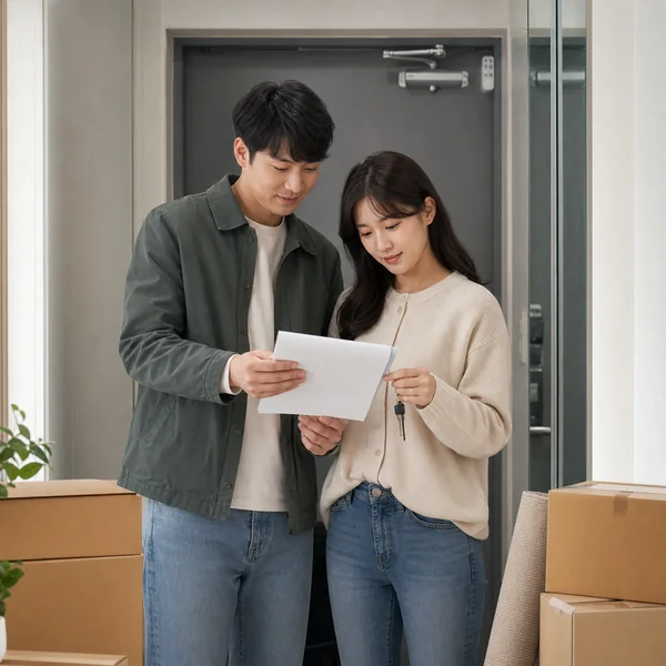 이사한 아파트에서 전입신고와 확정일자 준비사항을 확인하는 한국인 임차인 부부