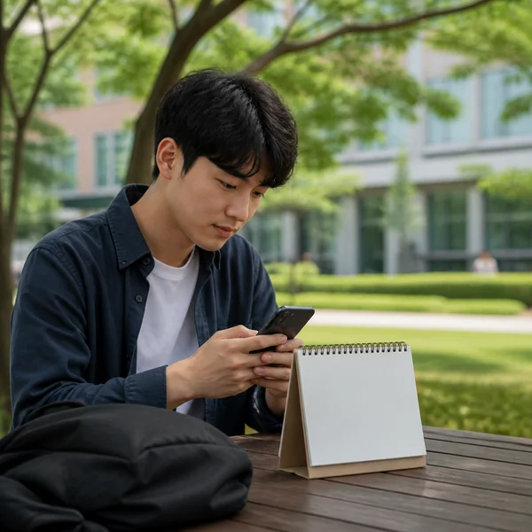 대학 캠퍼스에서 휴대전화와 달력을 보며 국가장학금 2차 신청 마감일을 확인하는 학생