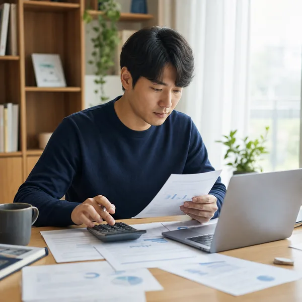 해외주식 거래명세서와 계산기로 양도소득세를 계산하는 한국인 투자자
