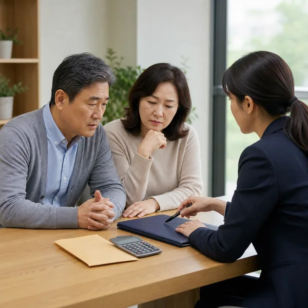 연금저축 중도해지 전에 기타소득세와 부득이한 인출 여부를 상담받는 한국인 부부