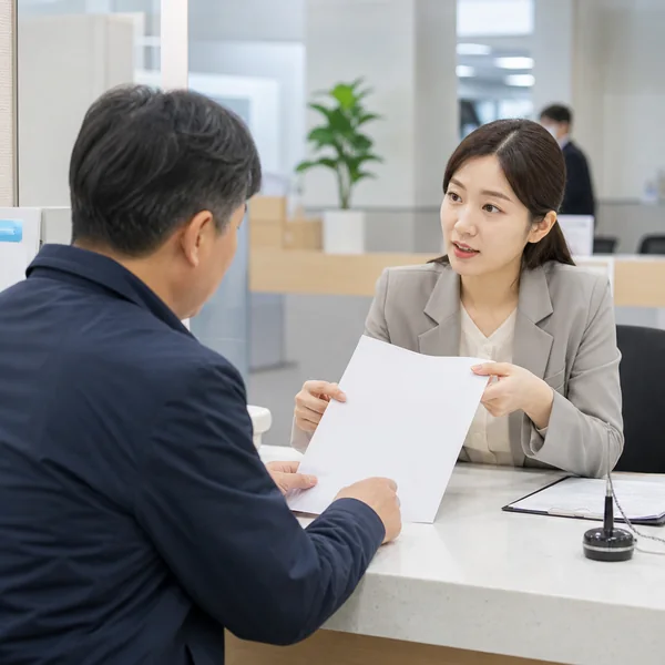 지방자치단체 세무 창구에서 재산세 고지 내용을 확인하는 한국인 민원인