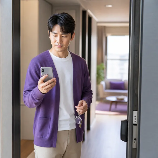 아파트 현관 안에서 집 열쇠를 들고 휴대전화로 주민등록 사실조사를 확인하는 한국인 남성