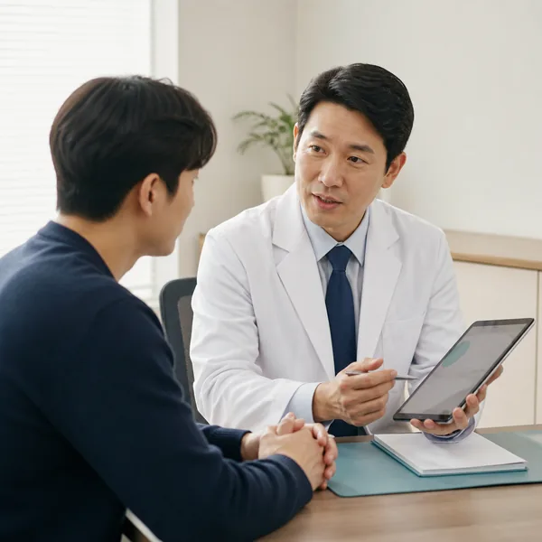한국인 의사가 국가건강검진 결과를 환자와 함께 확인하며 후속 진료를 설명하는 모습