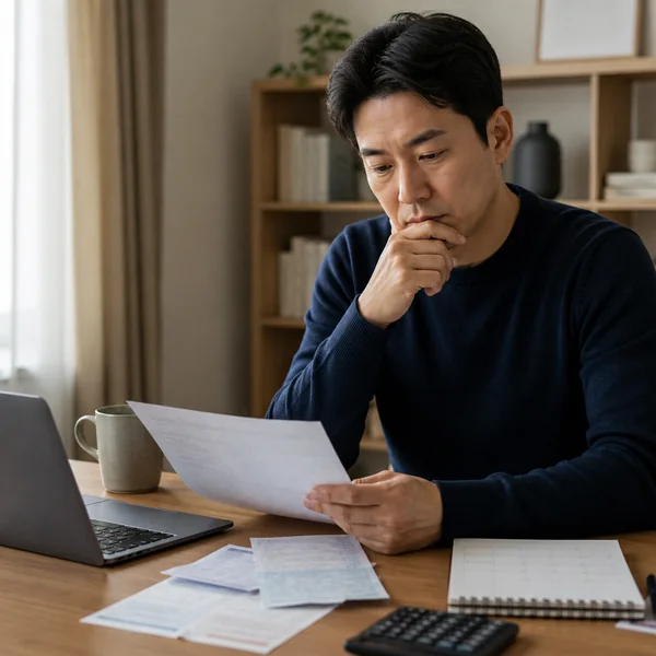 급여명세서와 달력, 계산기를 놓고 퇴직금 예상액을 확인하는 한국인 근로자