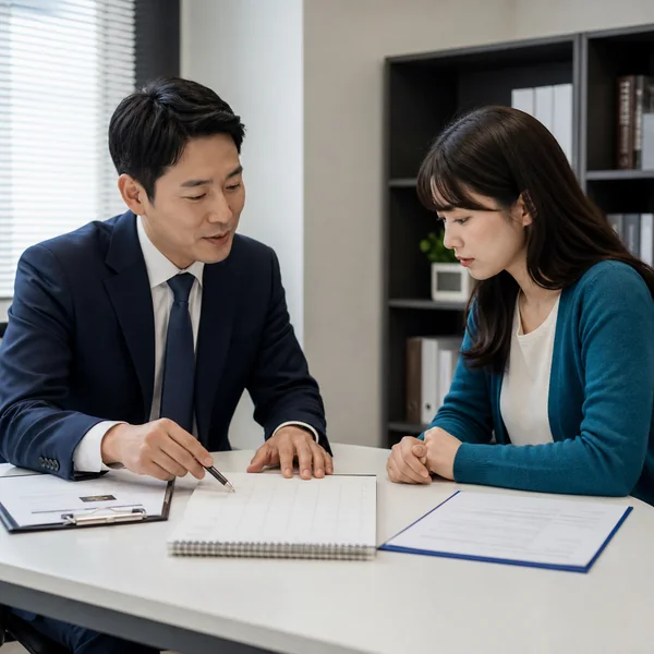 퇴직 근로자가 담당자와 퇴직금 지급일과 산정내역을 확인하는 모습