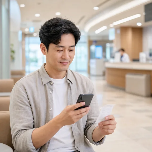 병원 진료 후 스마트폰과 영수증으로 실손24 보험금 청구를 진행하는 한국인 직장인
